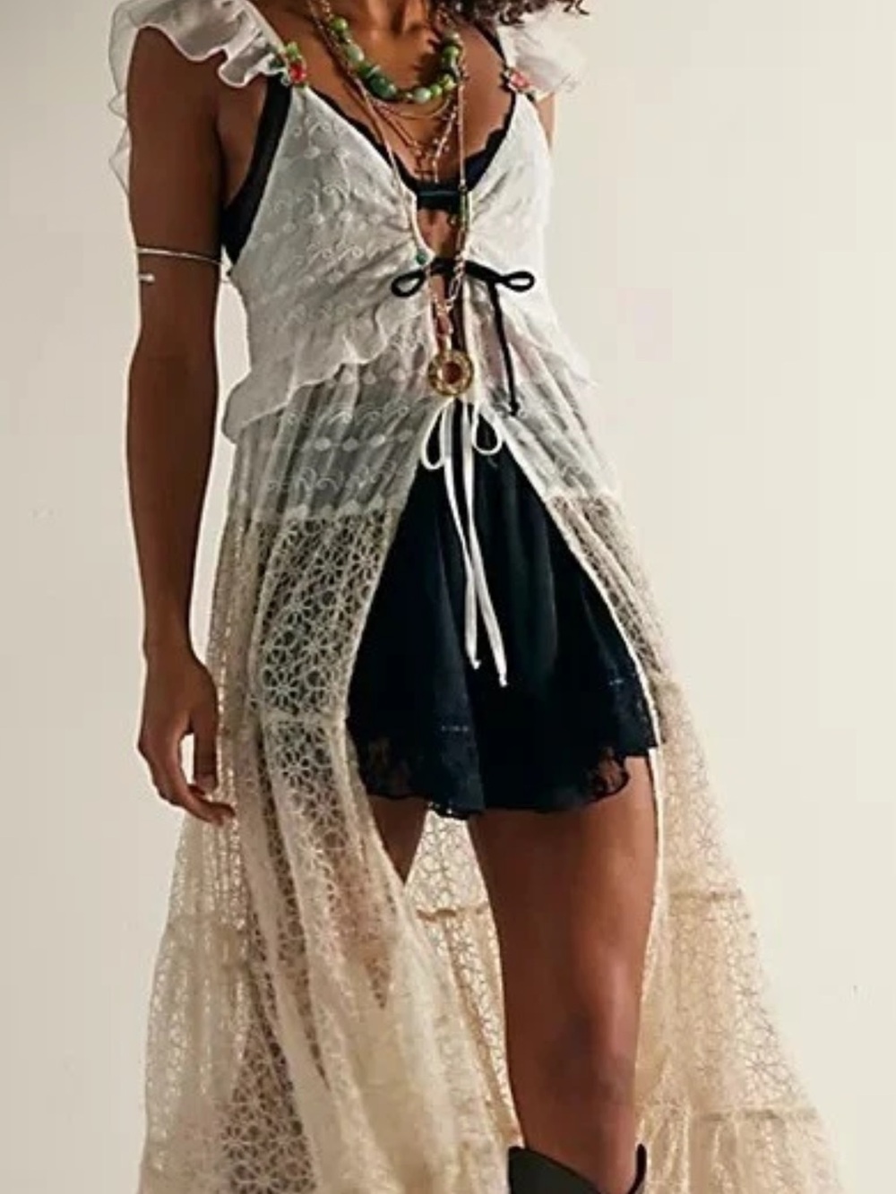 Free People Cream and Black Lace Layered Tunic